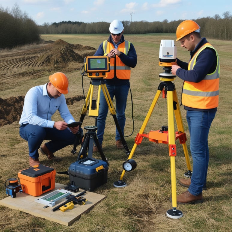 Strumentazione topografica e drone durante un rilievo in campo